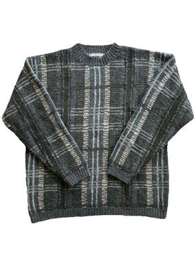 Northern Apparel Hand Knit Shetland Wool Sweater XL Gray Plaid Fisherman Vintage
